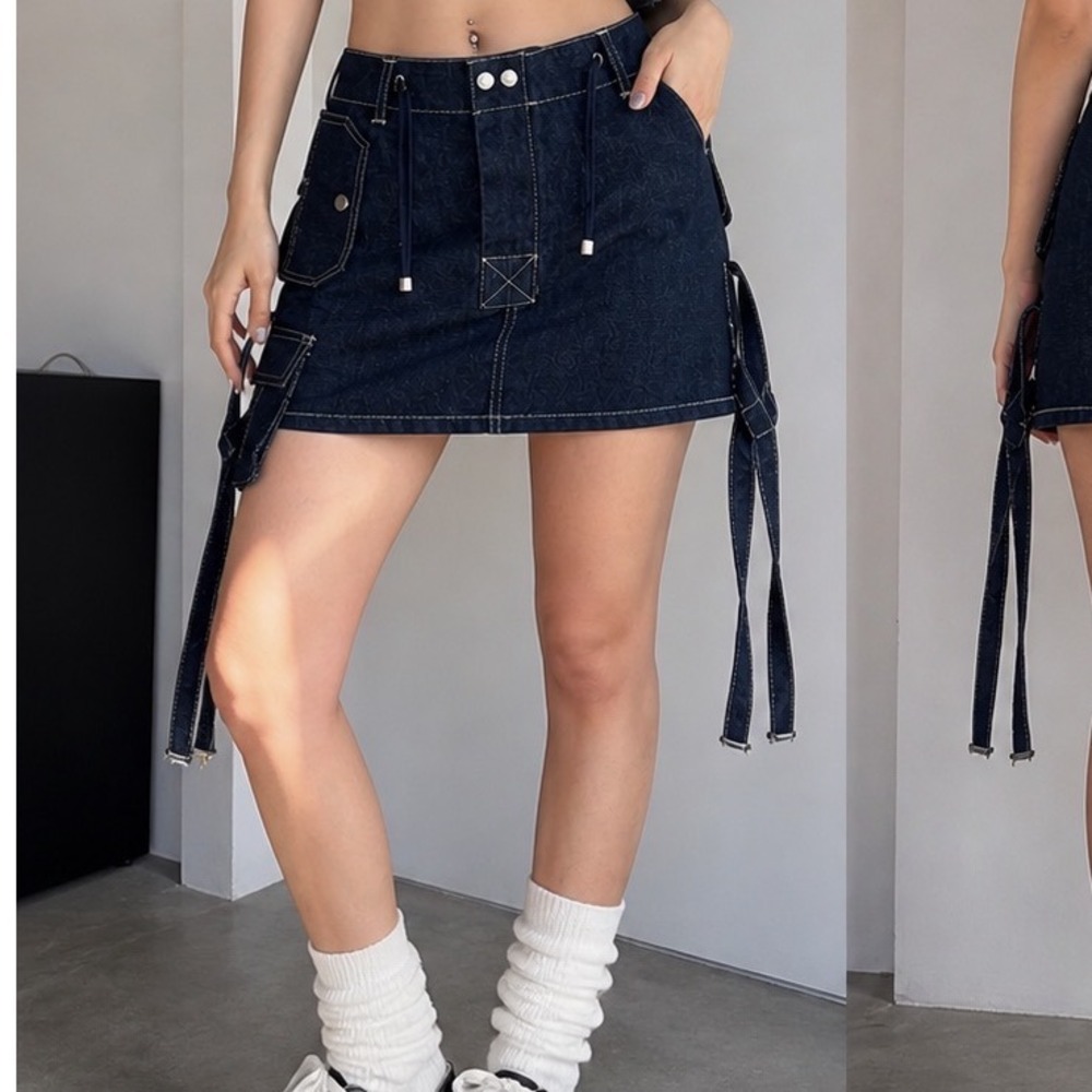 TS Dark Wash Denim Cargo Mini Skirt White‎ Contrast Stitch Utility y2k street j1